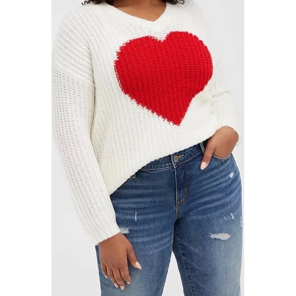 Torrid Heart Graphic Chunky Knit V Neck Sweater Ivory Red Women's Size‎ 0 Cozy L